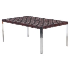 Dark brown leather with polished chrome finish bench. Contemporary
