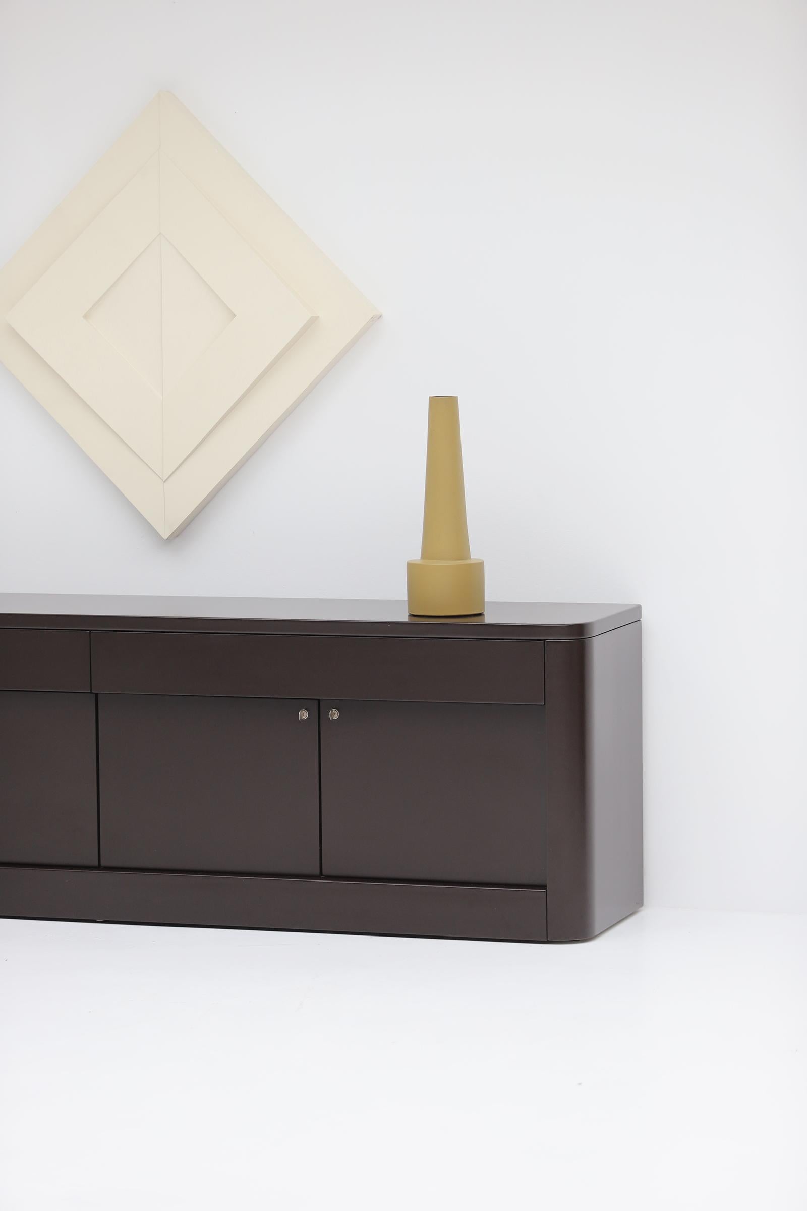 Lacquered Dark brown minimalist sideboard designed by Frank De Clercq in 1967