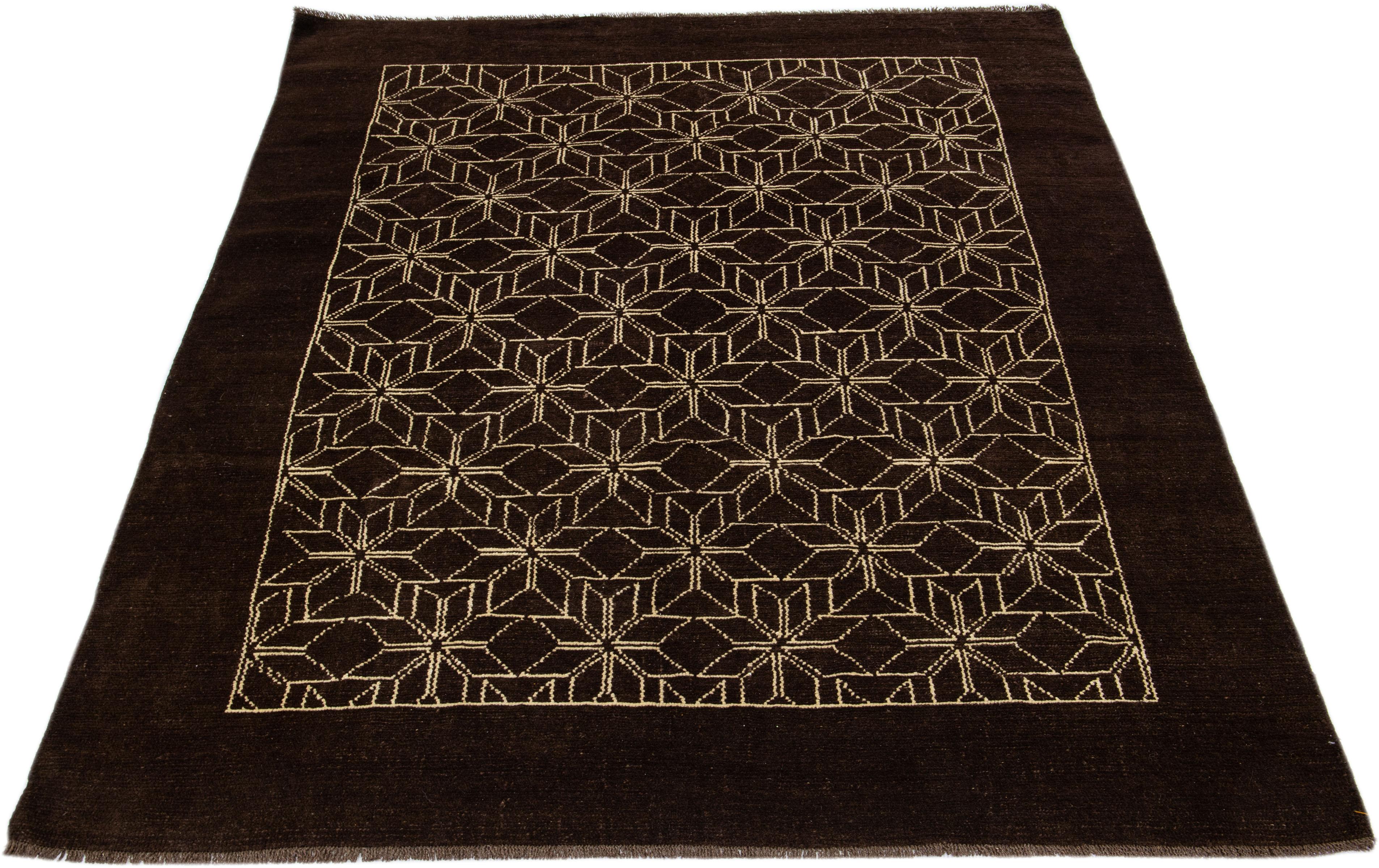 Afghan Dark Brown Modern Moroccan Style Handmade Geometric Motif Wool Rug by Apadana For Sale