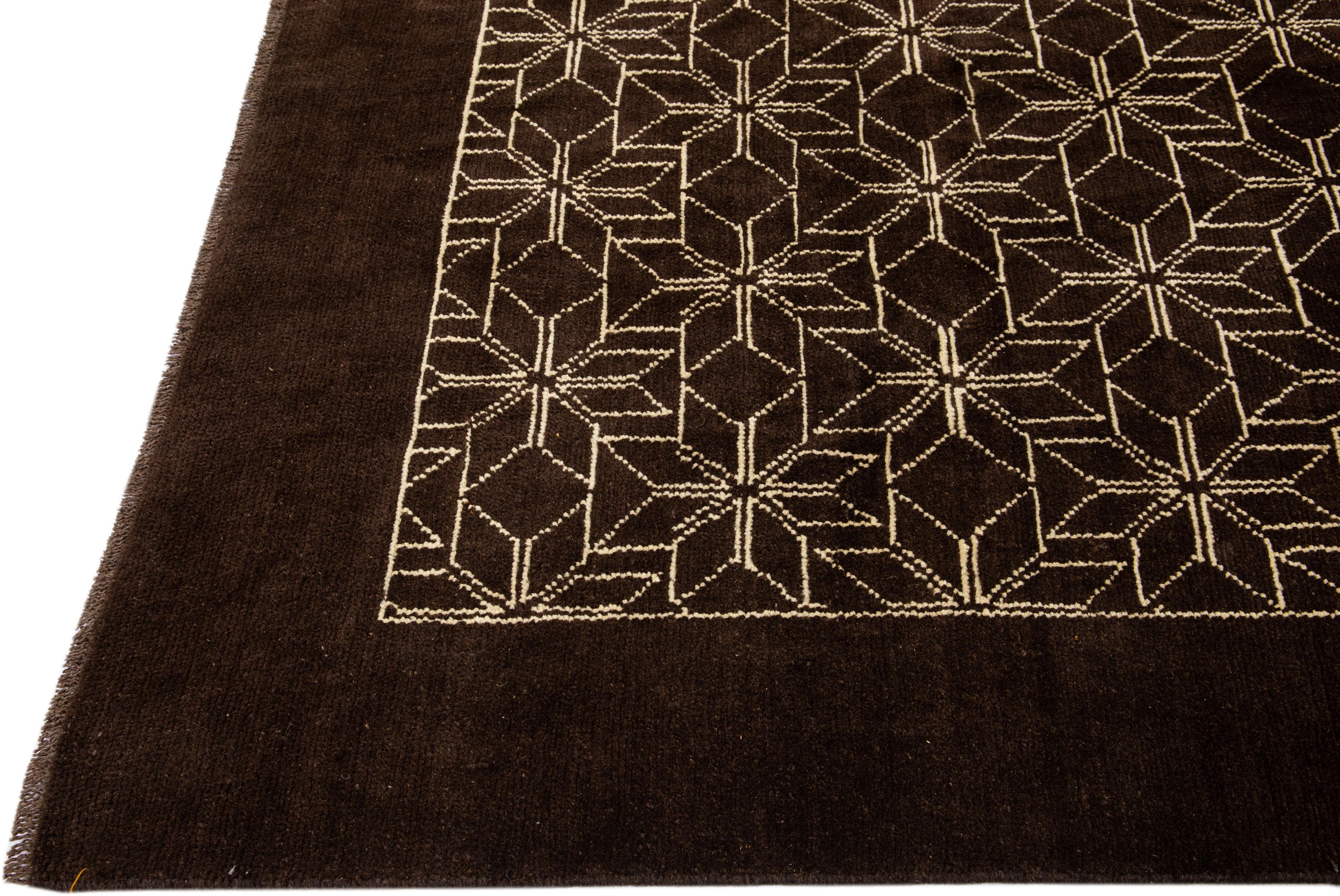 Hand-Knotted Dark Brown Modern Moroccan Style Handmade Geometric Motif Wool Rug by Apadana For Sale