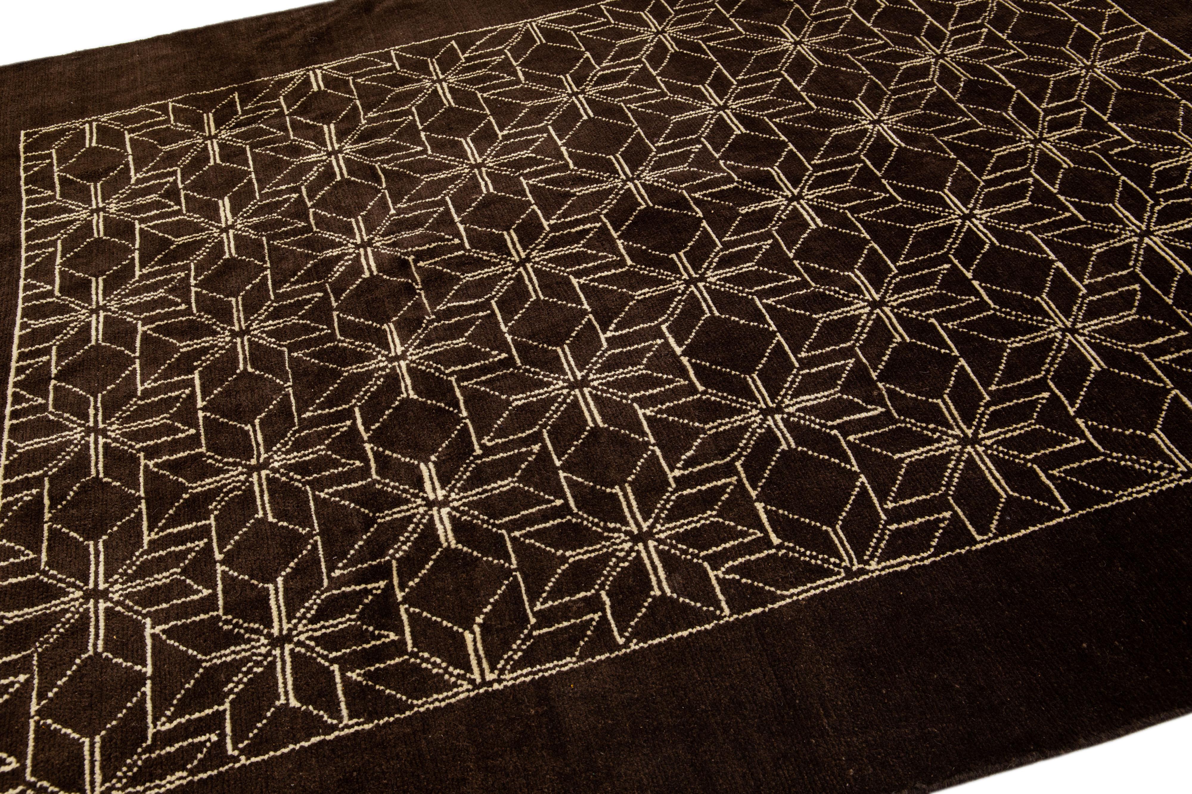 Dark Brown Modern Moroccan Style Handmade Geometric Motif Wool Rug by Apadana In New Condition For Sale In Norwalk, CT