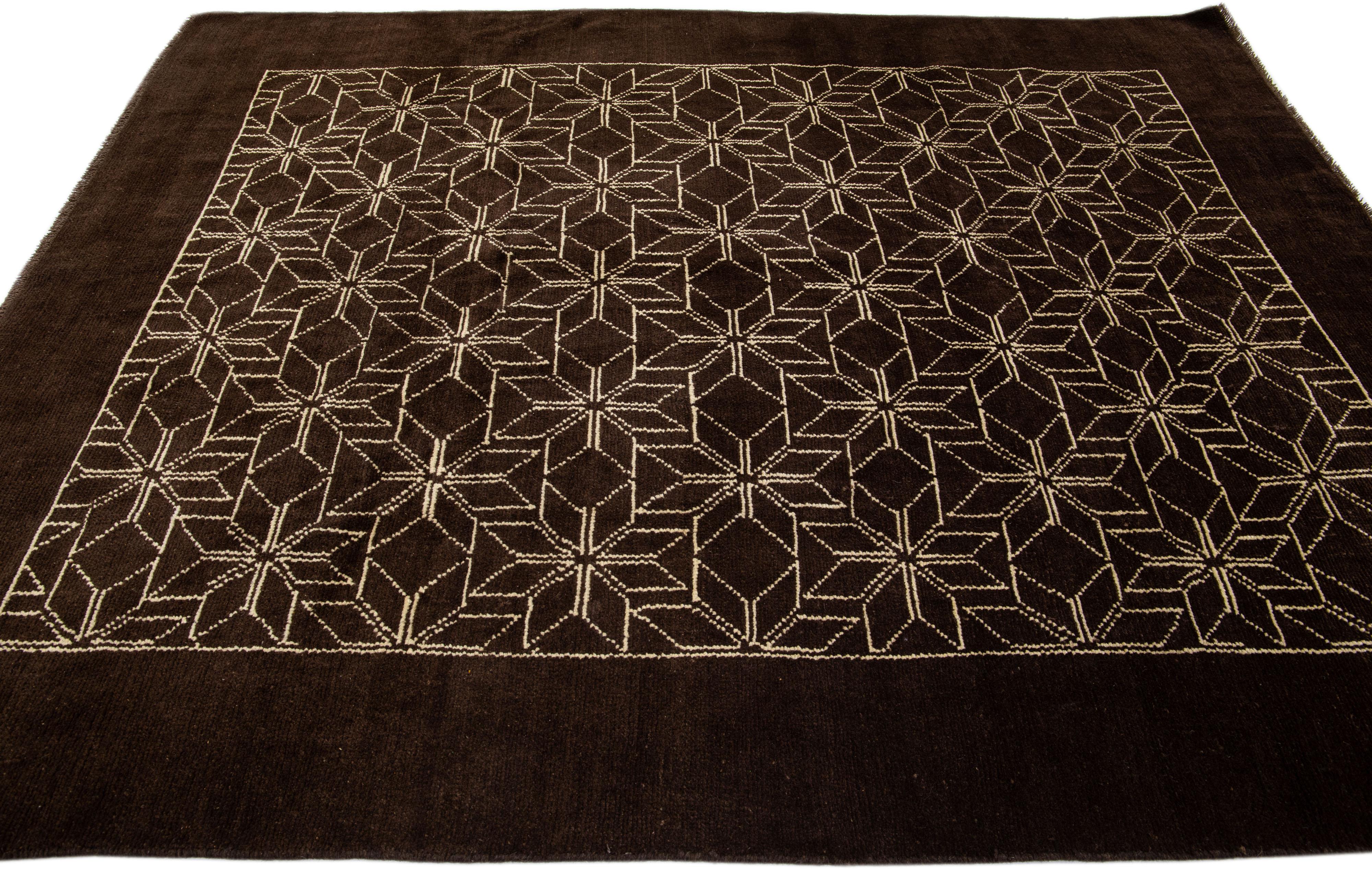 Contemporary Dark Brown Modern Moroccan Style Handmade Geometric Motif Wool Rug by Apadana For Sale