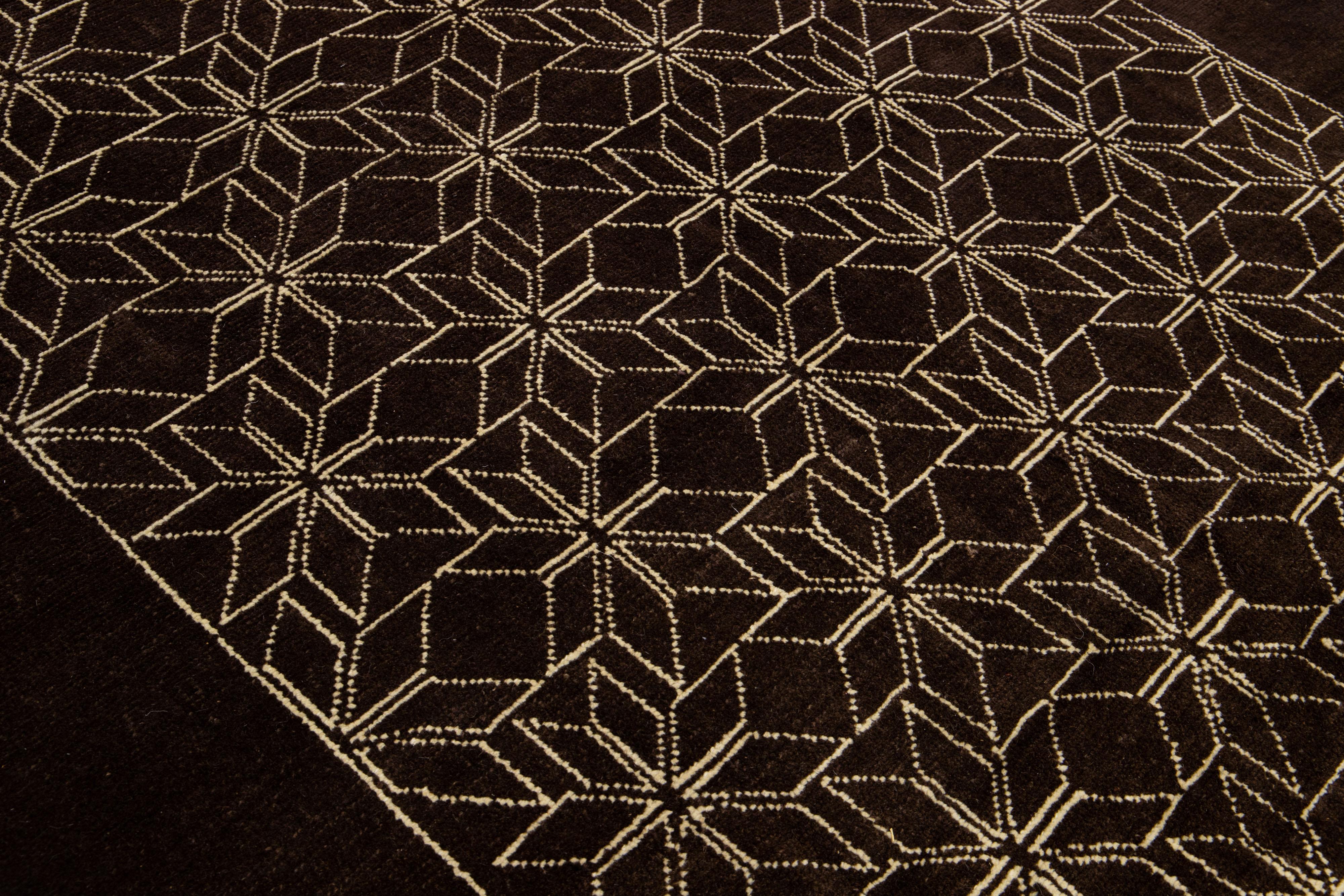 Dark Brown Modern Moroccan Style Handmade Geometric Motif Wool Rug by Apadana For Sale 1