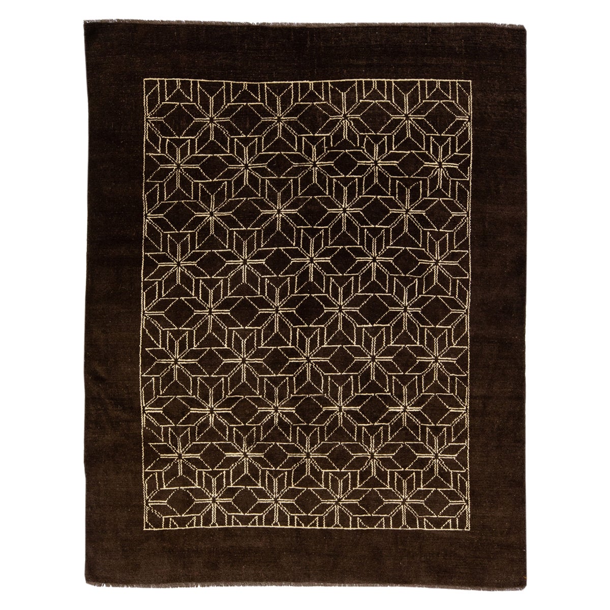 Tapis en laine marron foncé de style marocain moderne à motifs géométriques fait à la main par Apadana