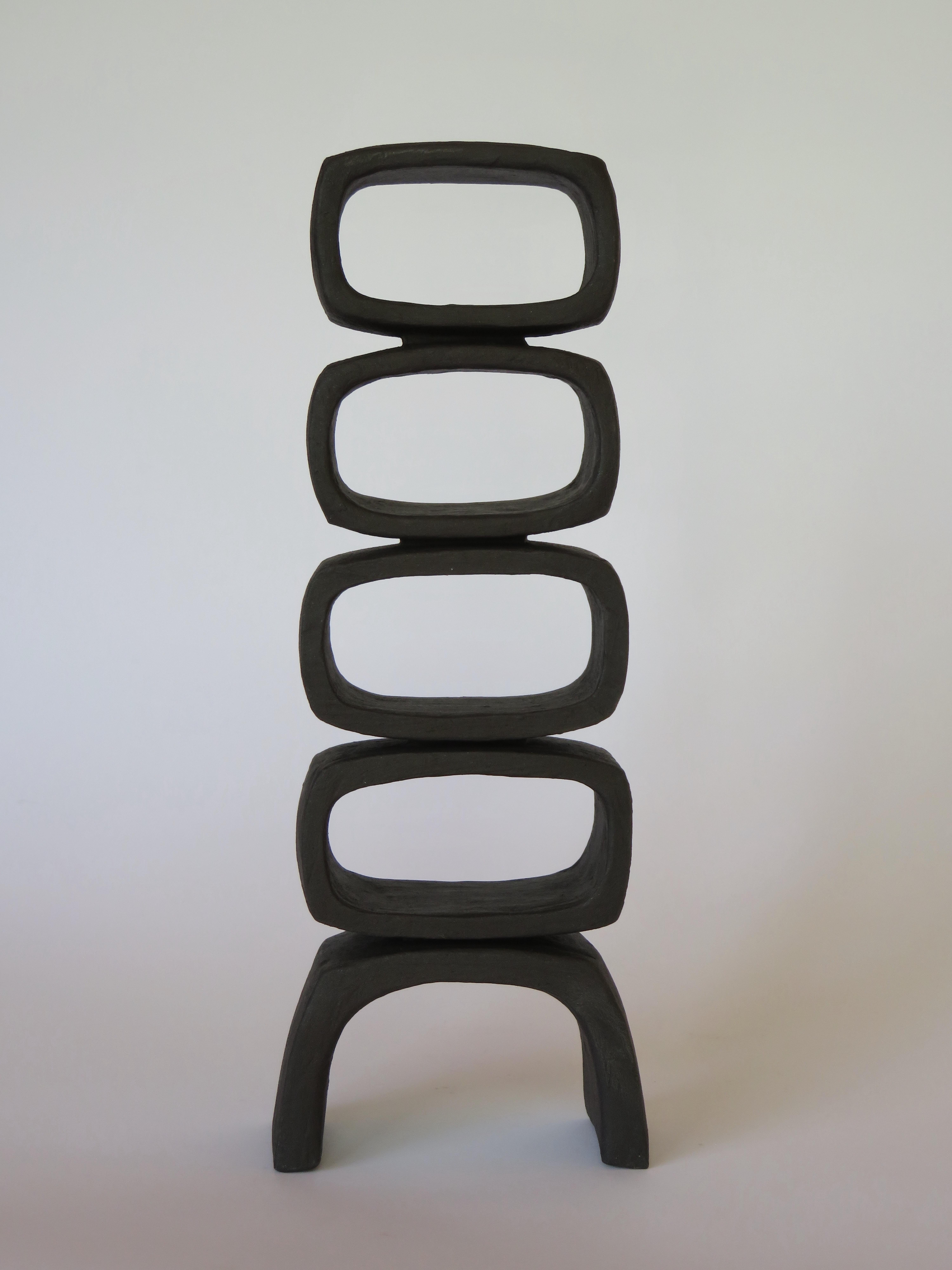 American Dark Matte Brown Modern TOTEM, 4 Stacked Rectangles, HandBuilt Ceramic Sculpture