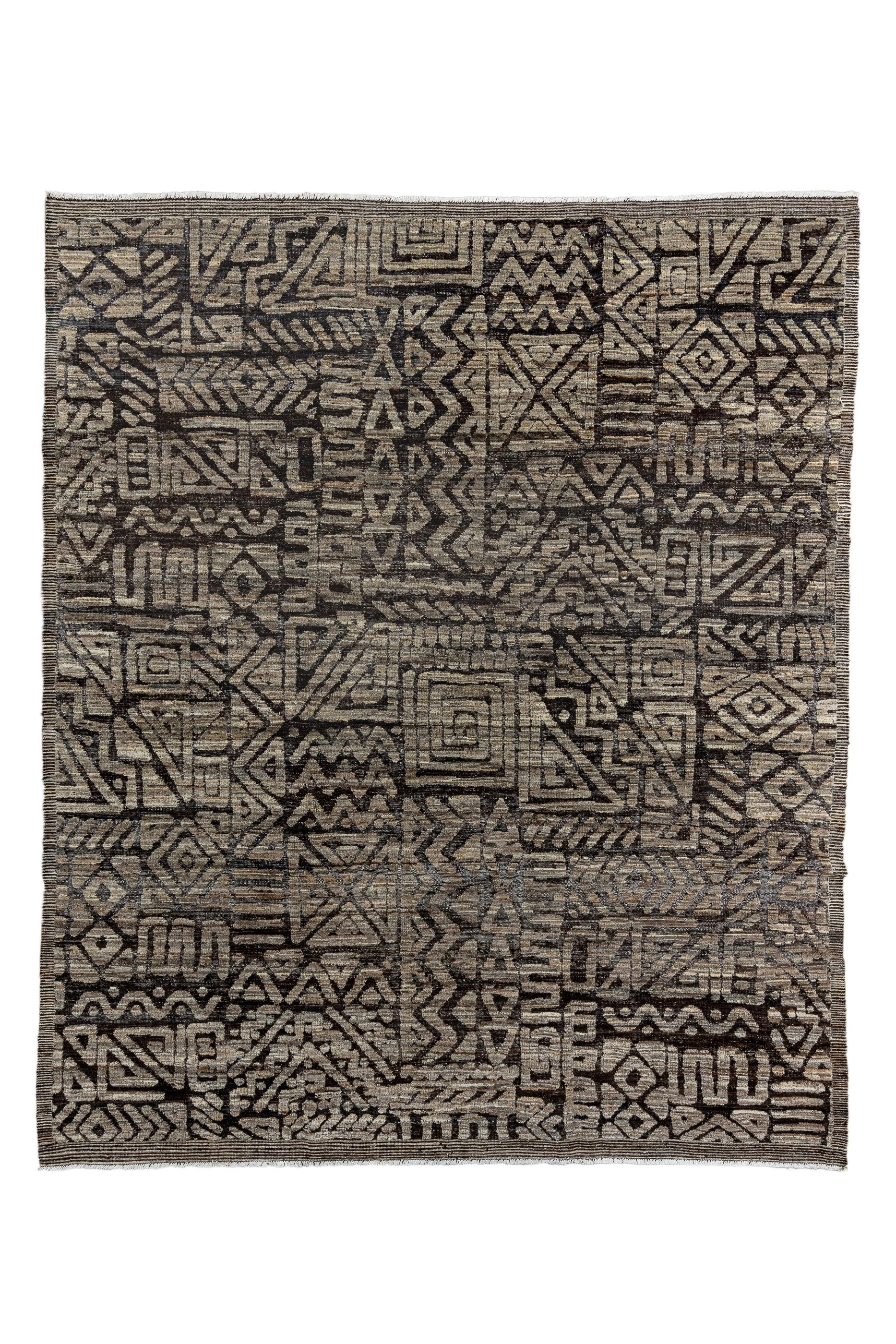 This rustic carpet shows a faintly African look, with a welter of zig-zags, triangles, squared S’s, nested lozenges,  and wavy sections, all arranged asymmetrically  in visibly abrashed tan on a dark brown field. No real borders. The seemingly