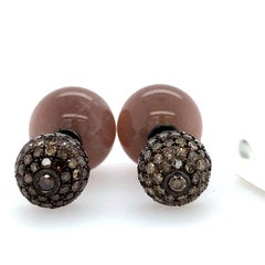 Dark Brown Moonstone & Pave Diamond Ball Earring Made in 14k Gold & Silver