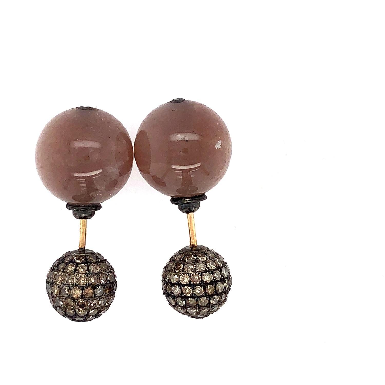 Artisan Dark Brown Moonstone & Pave Diamond Ball Earring Made in 14k Gold & Silver For Sale