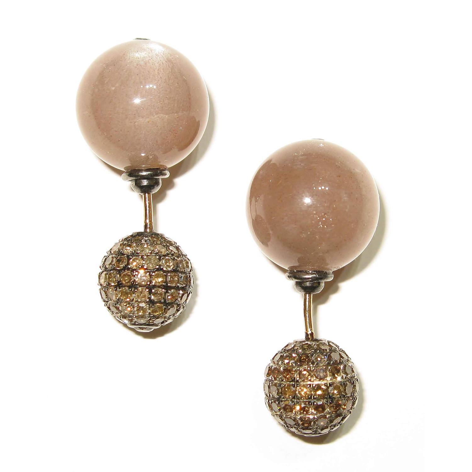 Mixed Cut Dark Brown Moonstone & Pave Diamond Ball Earring Made in 14k Gold & Silver For Sale