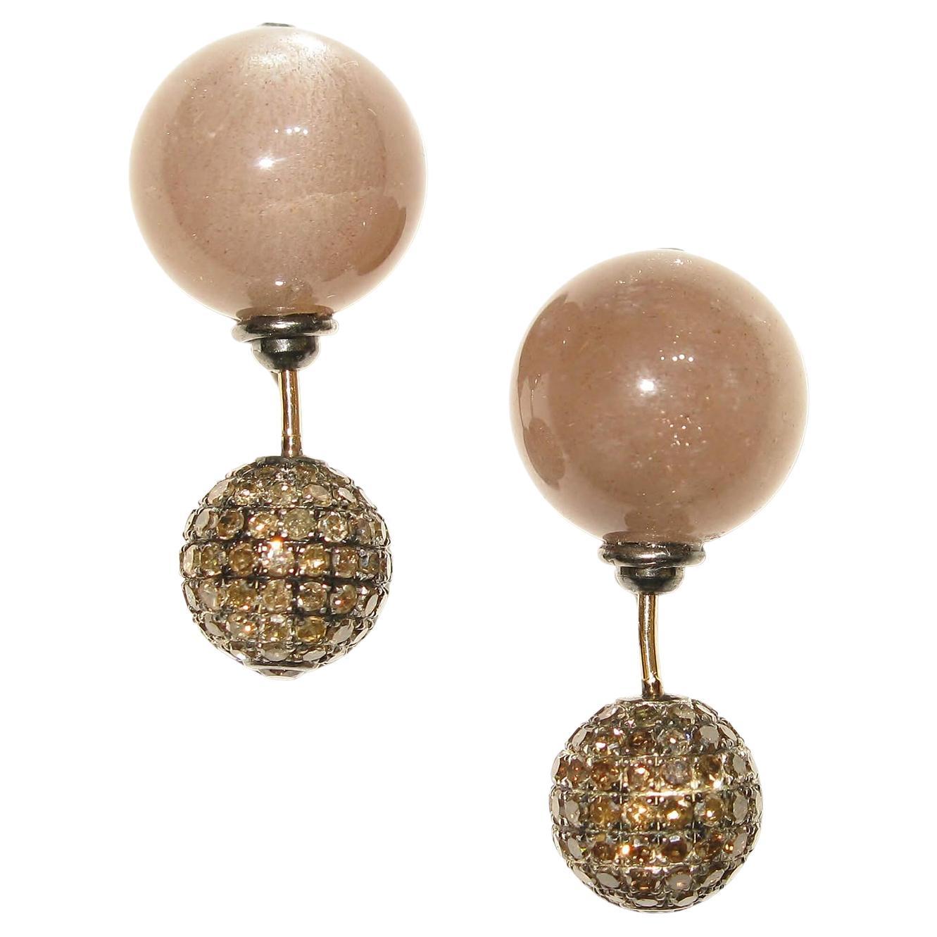 Dark Brown Moonstone & Pave Diamond Ball Earring Made in 14k Gold & Silver For Sale