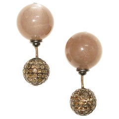 Dark Brown Moonstone & Pave Diamond Ball Earring Made in 14k Gold & Silver