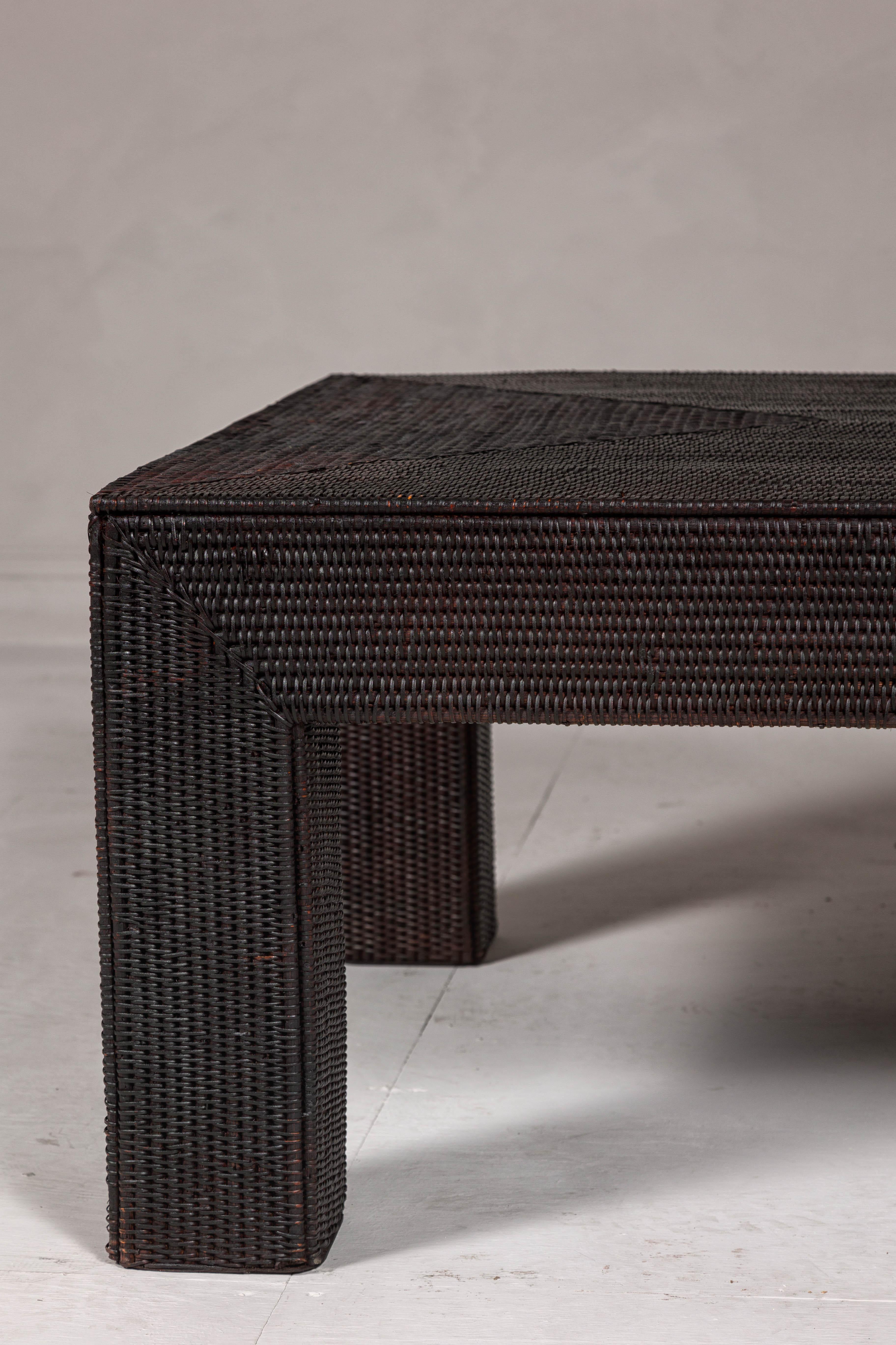 Dark Brown Parsons Legs Country Style Woven Rattan Coffee Table, Vintage 3