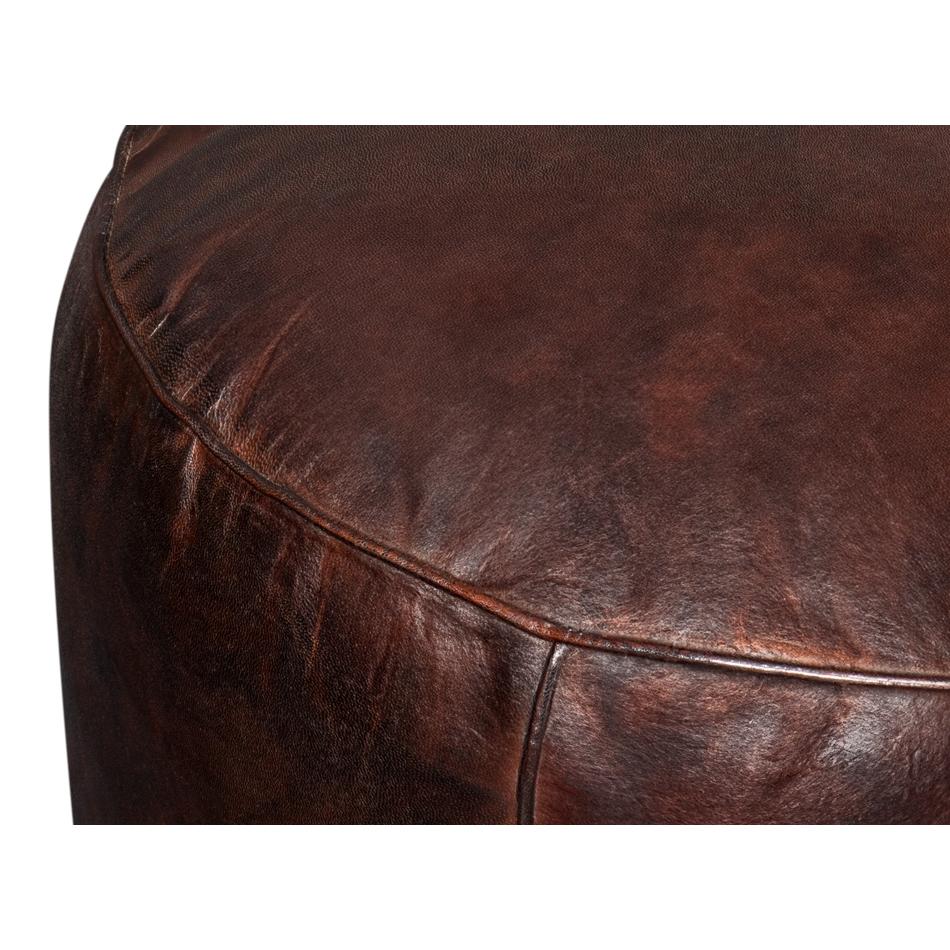 Asian Dark Brown Round Leather Stool For Sale