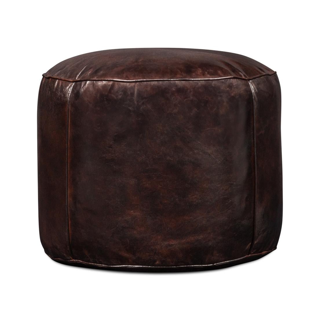 Contemporary Dark Brown Round Leather Stool For Sale