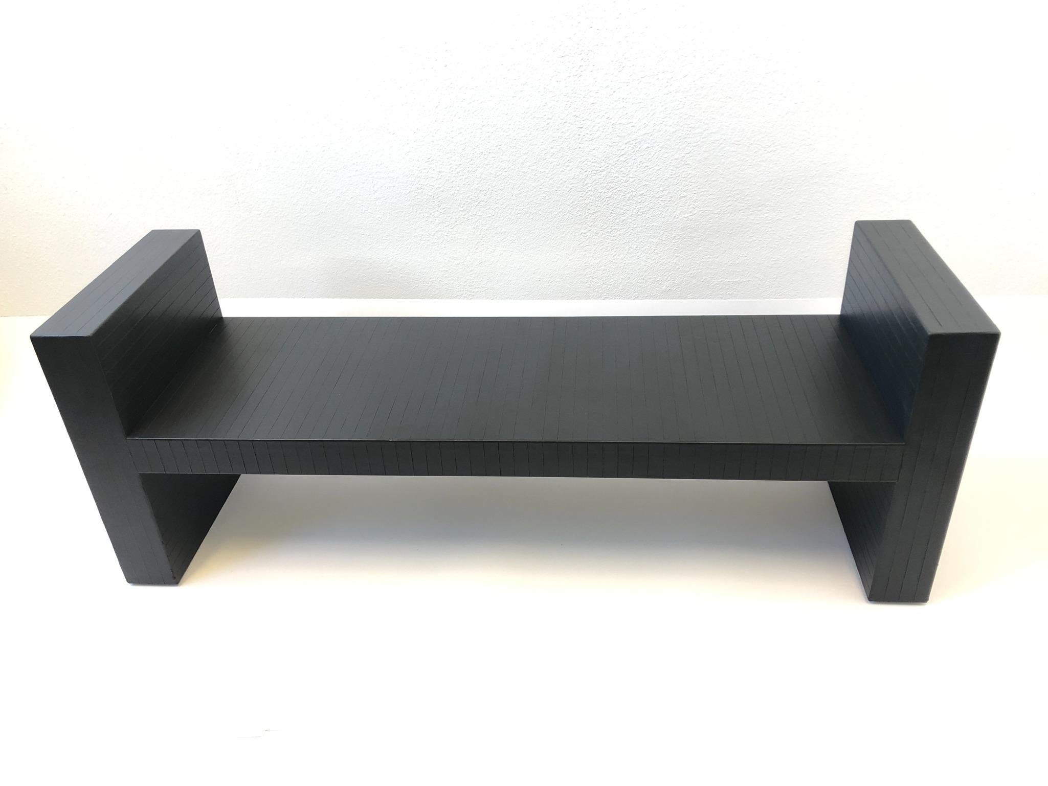 Dark Brown Scored Leather Bench by Karl Springer For Sale 7