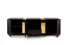 Dark Brown Sideboard in Brass and Colorful Lacquered Wood, Geometric-Shaped