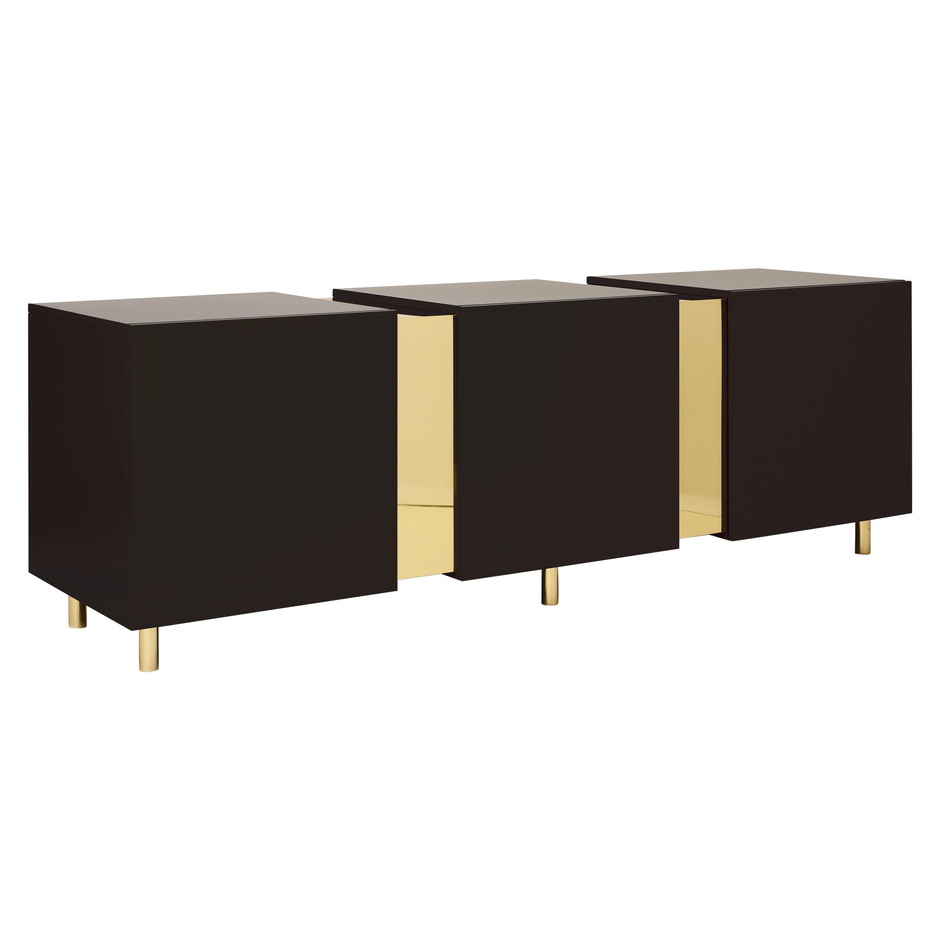 Dark Brown Sideboard in Brass and Colorful Lacquered Wood, Geometric-Shaped For Sale