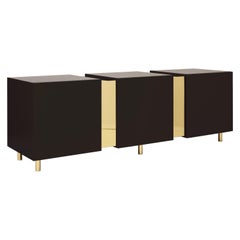 Dark Brown Sideboard in Brass and Colorful Lacquered Wood, Geometric-Shaped
