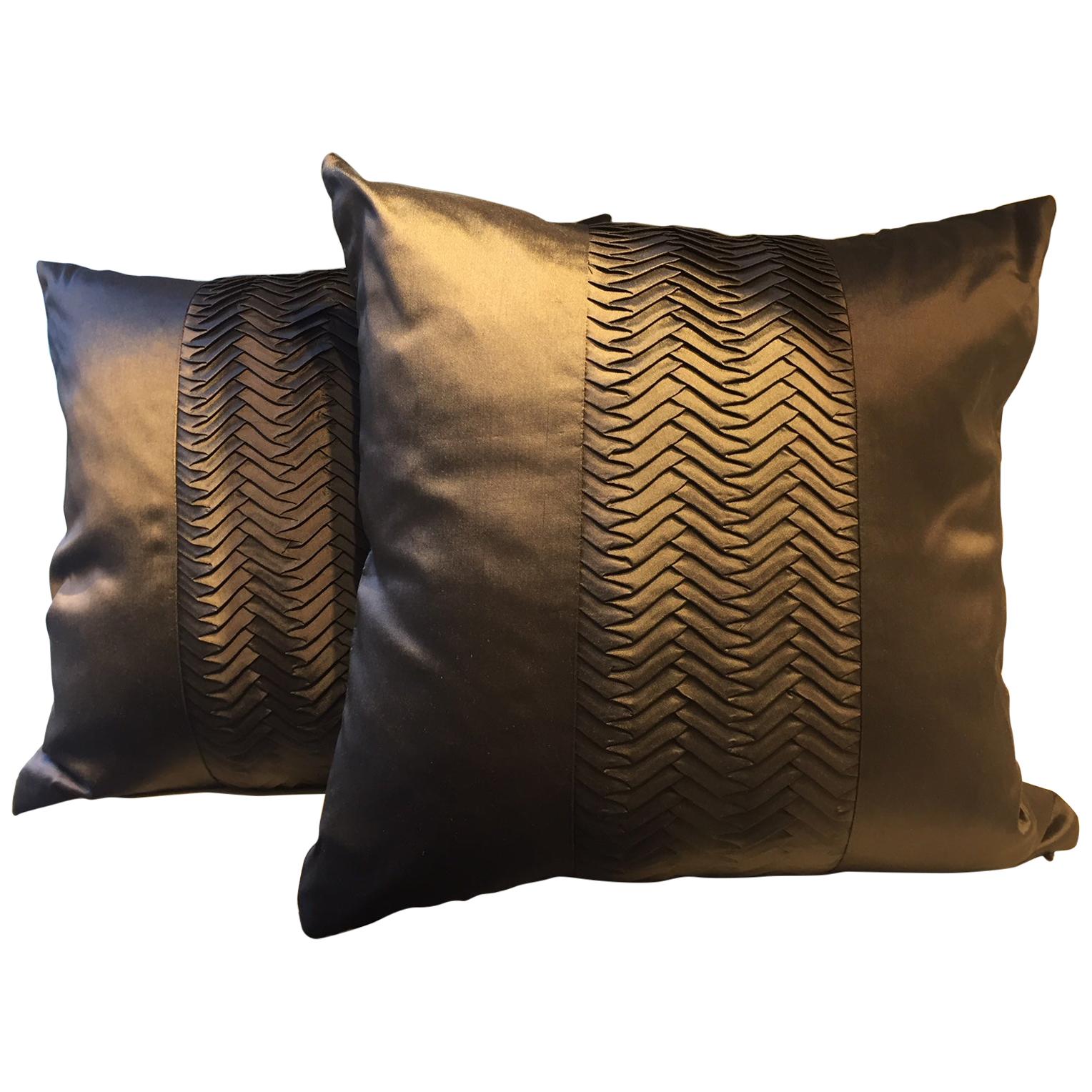 Dark Brown Silk Cushions with Pleated Band Detail Square Size