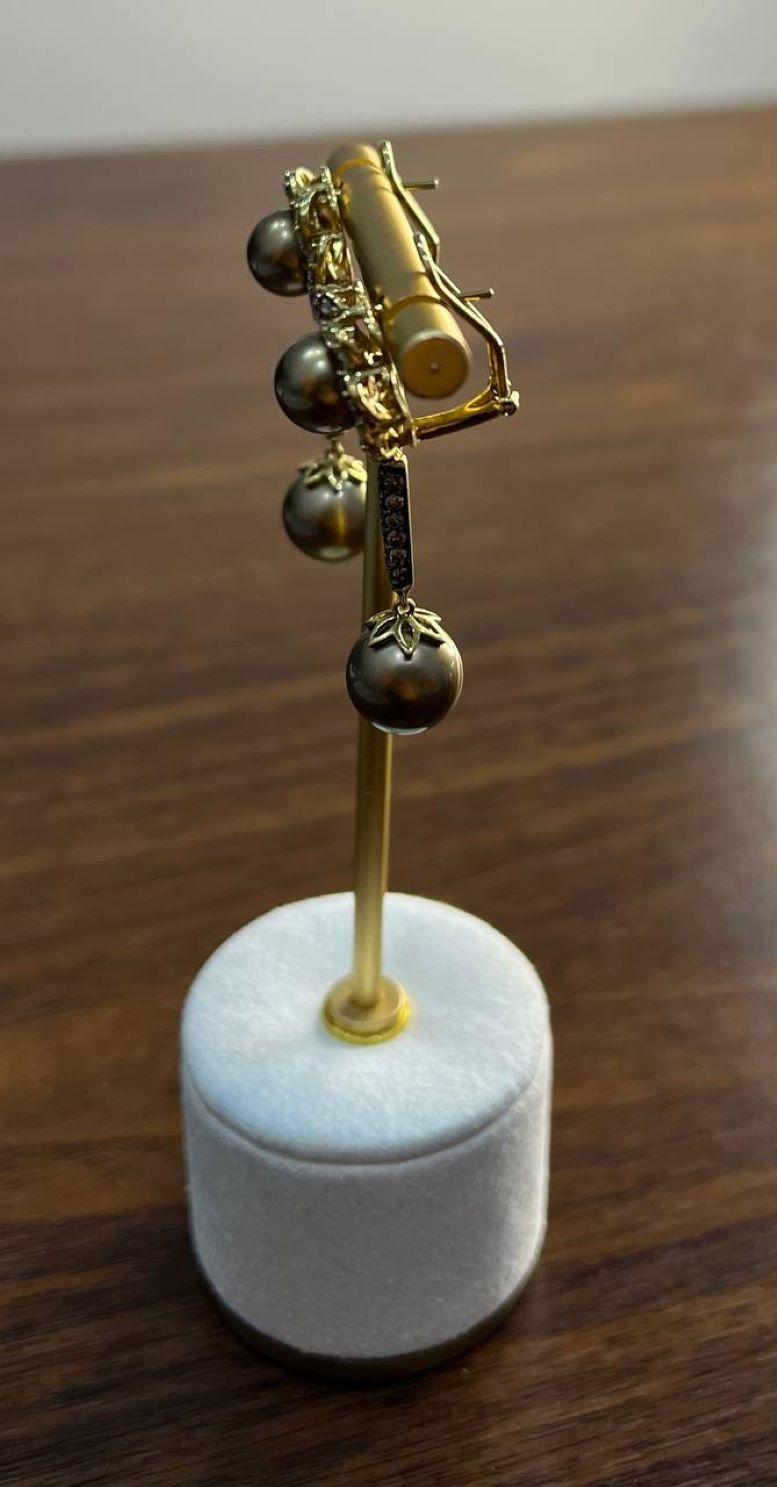 Dark Brown Silver Pearls Black Brown Diamonds Halo 14K Yellow Gold Drop Earrings For Sale 6