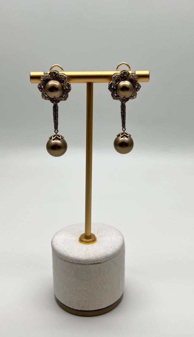 Dark Brown Silver Pearls Black Brown Diamonds Halo 14K Yellow Gold Drop Earrings For Sale 7
