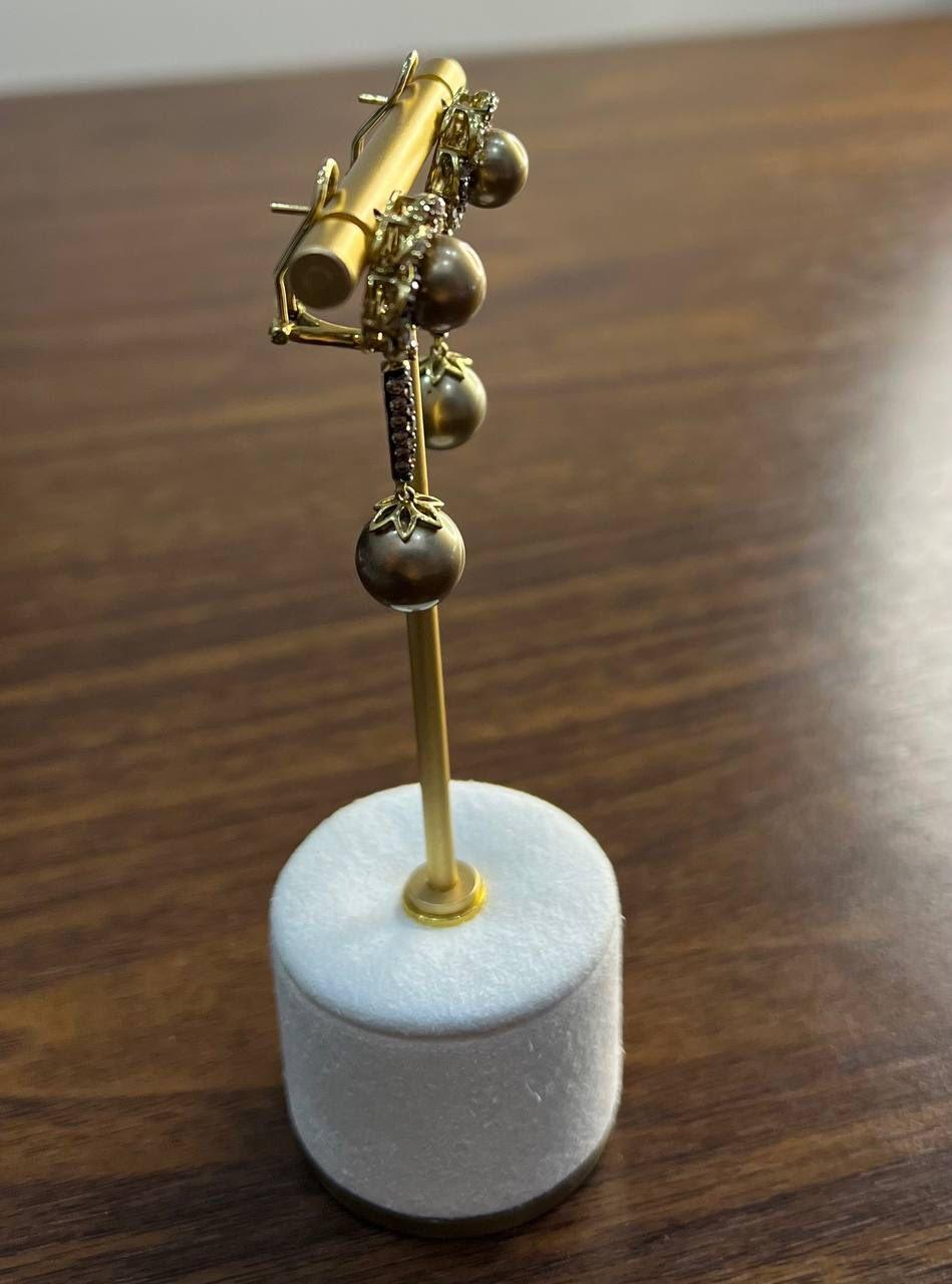 Mixed Cut Dark Brown Silver Pearls Black Brown Diamonds Halo 14K Yellow Gold Drop Earrings For Sale
