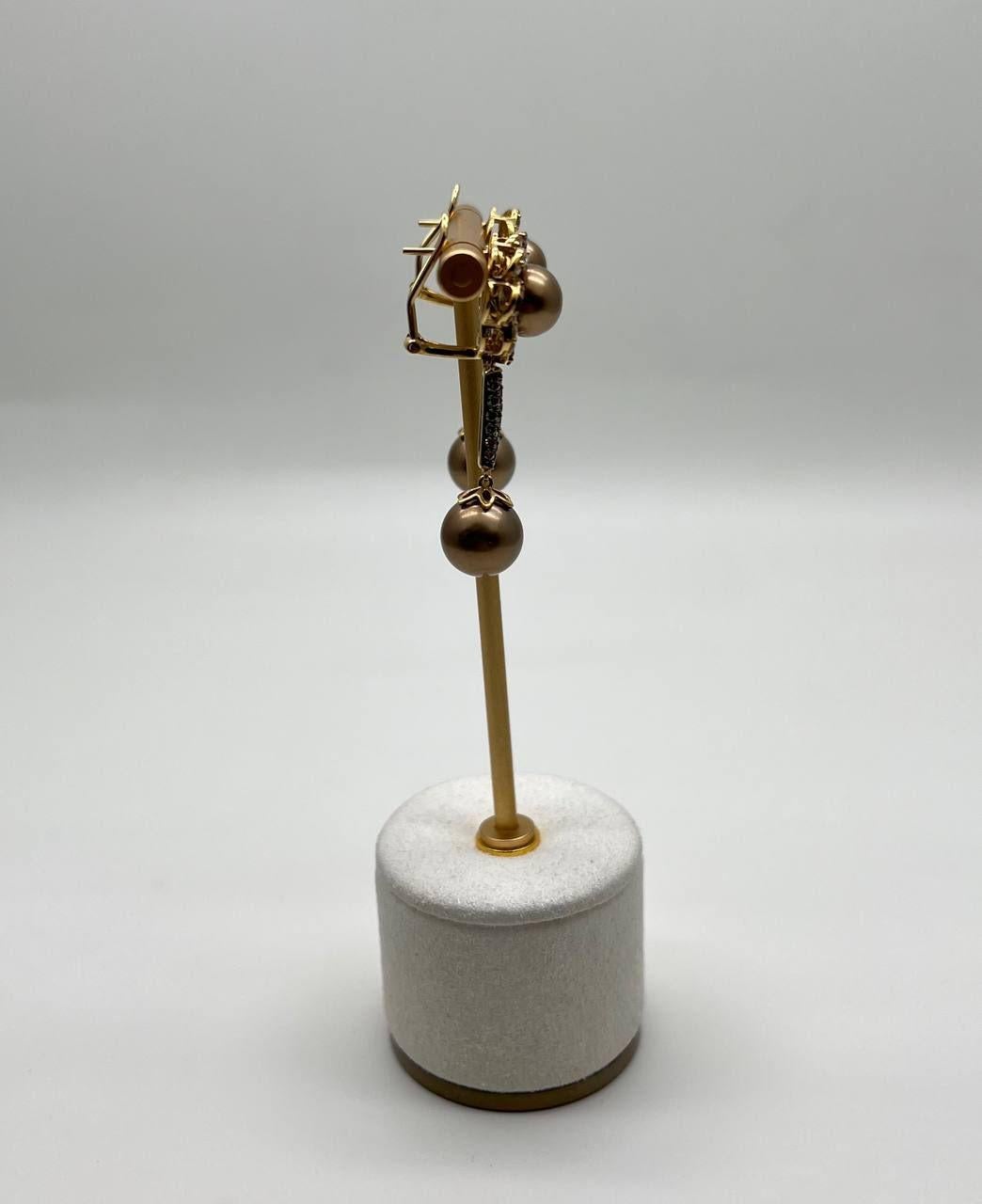 Dark Brown Silver Pearls Black Brown Diamonds Halo 14K Yellow Gold Drop Earrings In New Condition For Sale In Oakton, VA