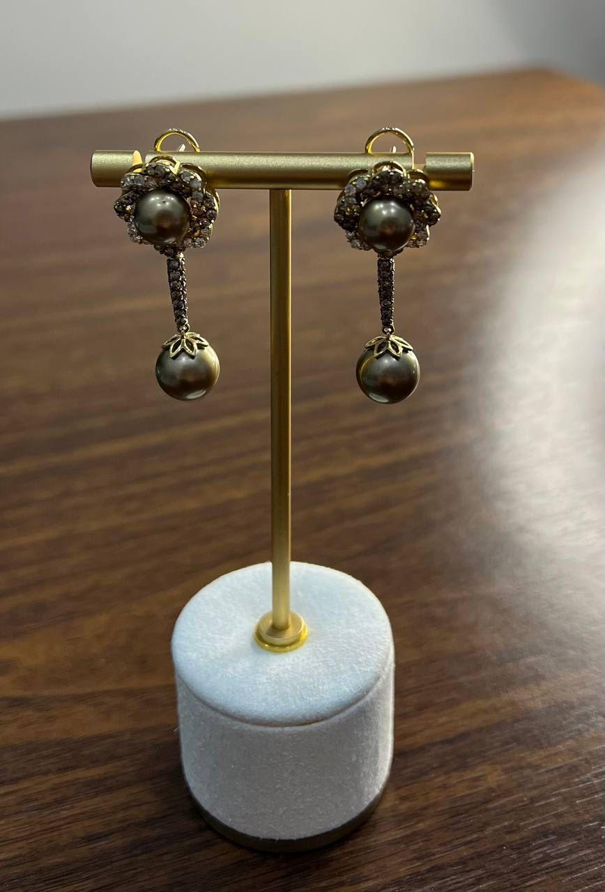 Dark Brown Silver Pearls Black Brown Diamonds Halo 14K Yellow Gold Drop Earrings For Sale 3