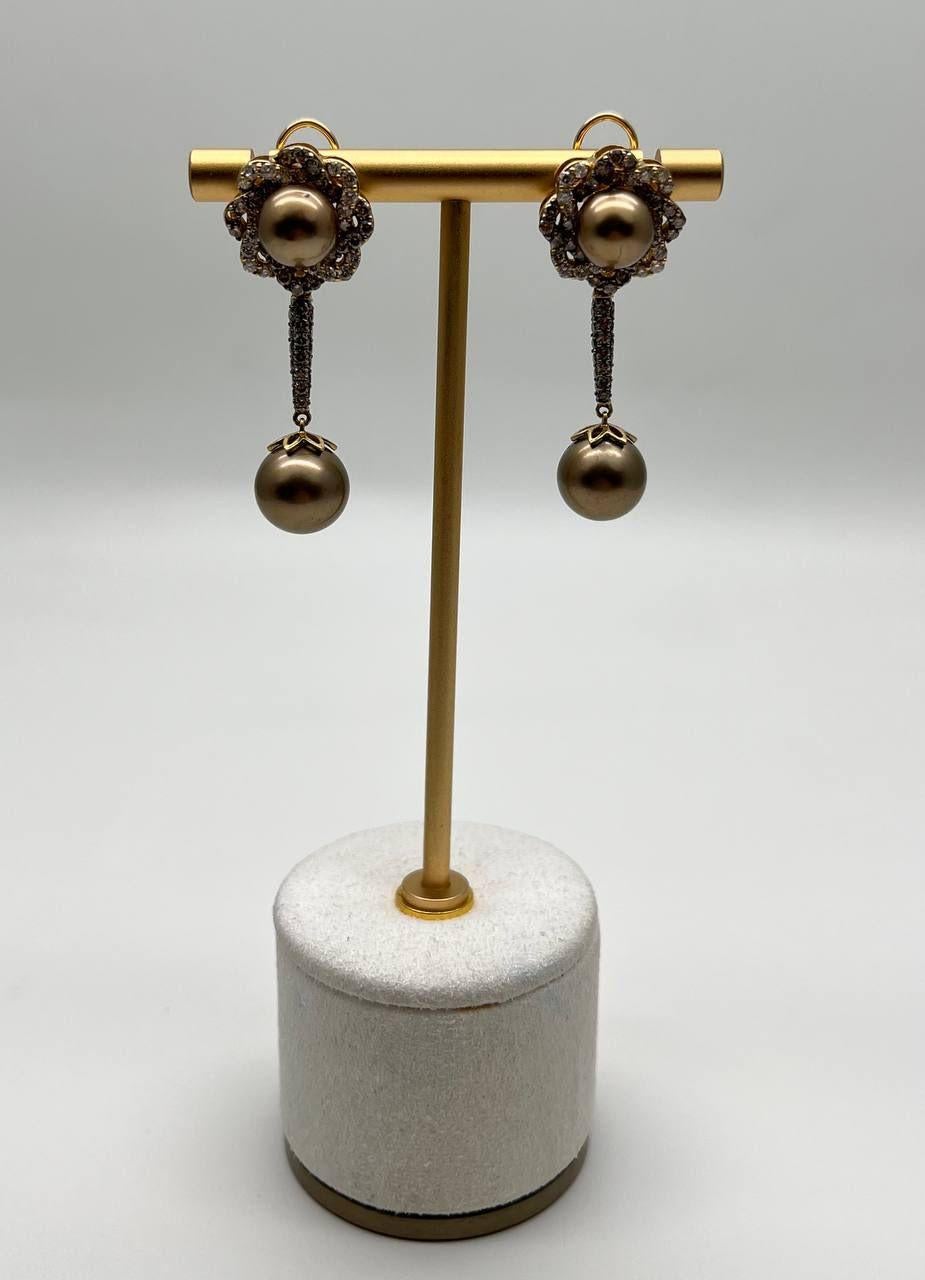 Dark Brown Silver Pearls Black Brown Diamonds Halo 14K Yellow Gold Drop Earrings For Sale 4