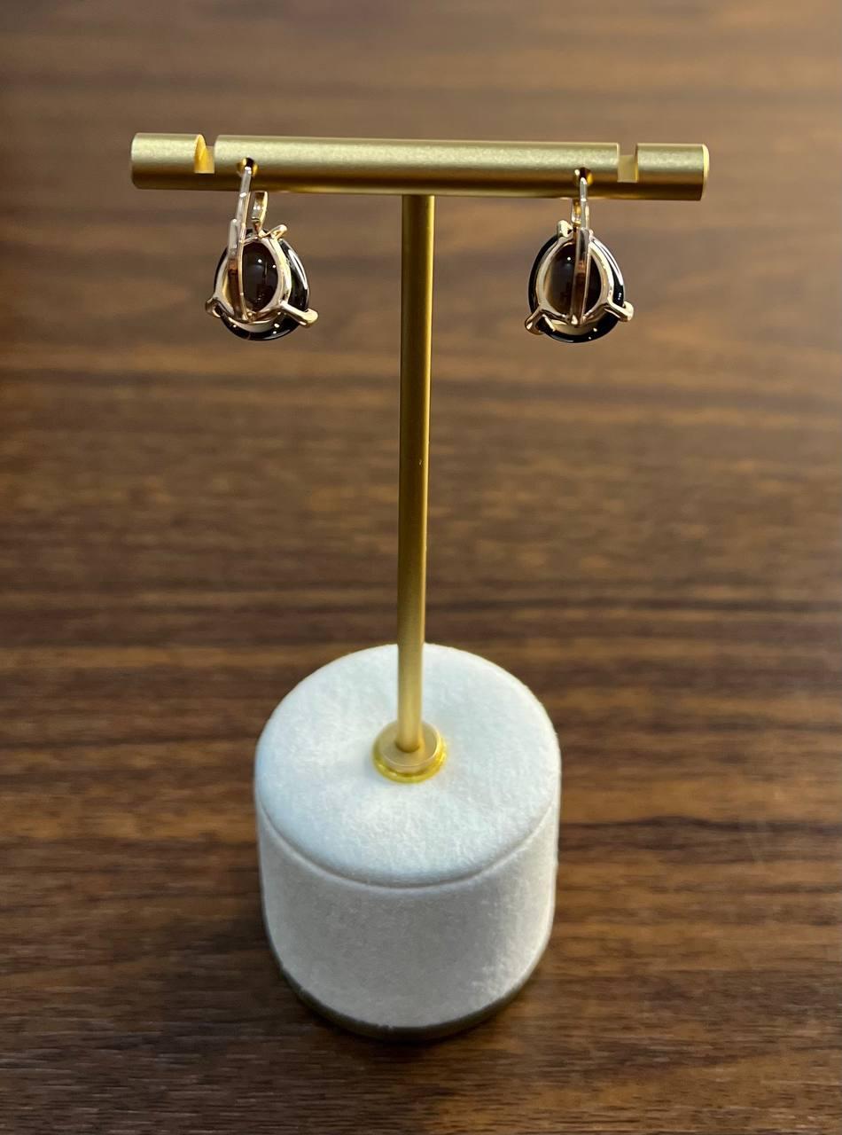 Dark Brown Smoky Quartz Diamond 14K Yellow Gold Cabochon Statement Earrings For Sale 7