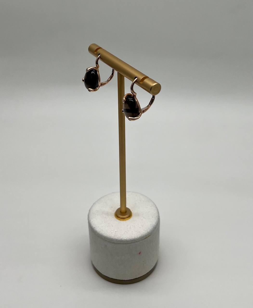 Women's Dark Brown Smoky Quartz Diamond 14K Yellow Gold Cabochon Statement Earrings For Sale