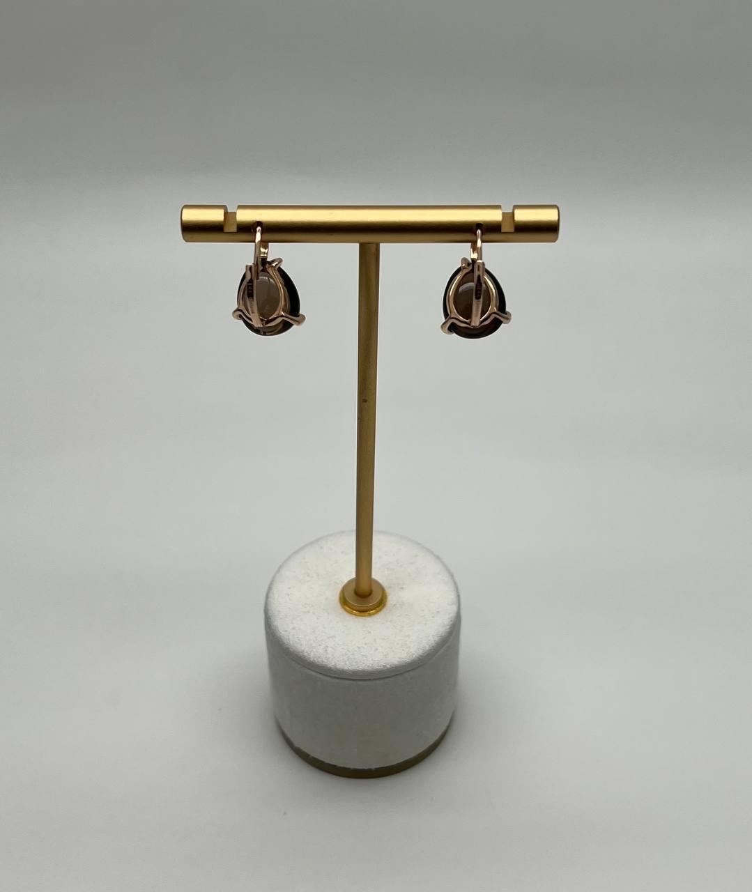 Dark Brown Smoky Quartz Diamond 14K Yellow Gold Cabochon Statement Earrings For Sale 1