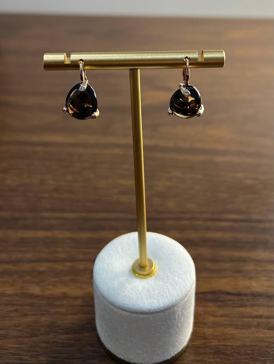 Dark Brown Smoky Quartz Diamond 14K Yellow Gold Cabochon Statement Earrings For Sale 2