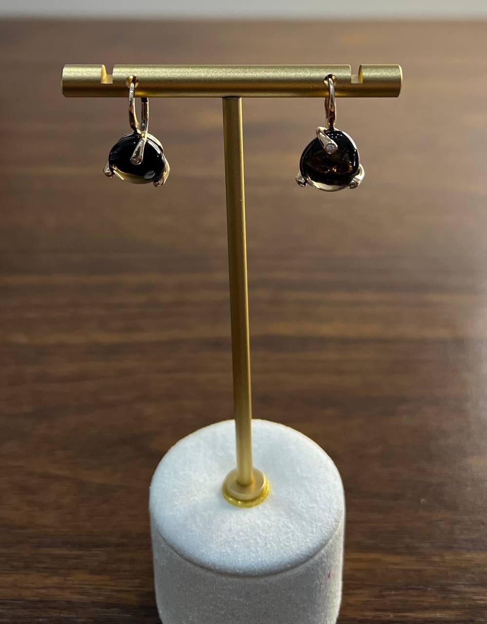 Dark Brown Smoky Quartz Diamond 14K Yellow Gold Cabochon Statement Earrings For Sale 3