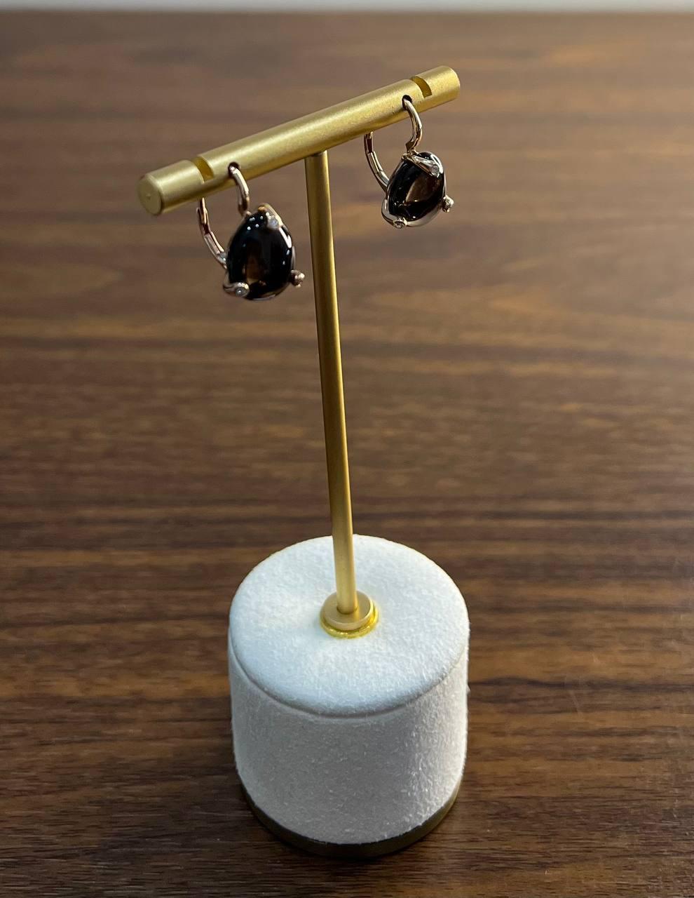 Dark Brown Smoky Quartz Diamond 14K Yellow Gold Cabochon Statement Earrings For Sale 4