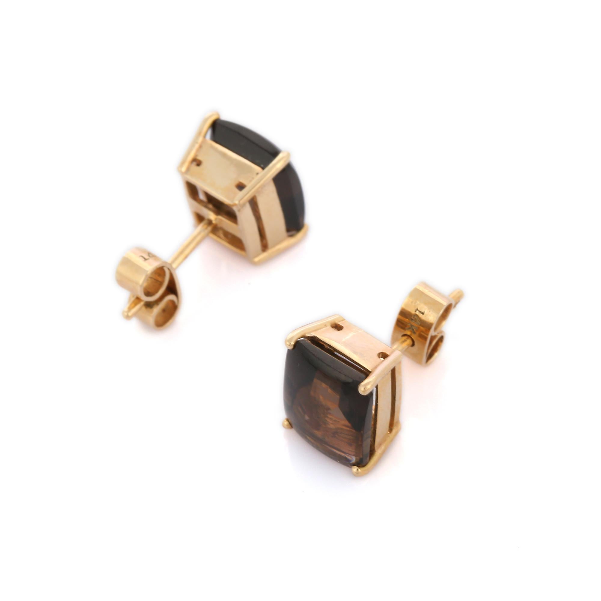Dark Brown Smoky Quartz Octagon Cut Statement Studs in 14K Solid Yellow Gold In New Condition For Sale In Houston, TX