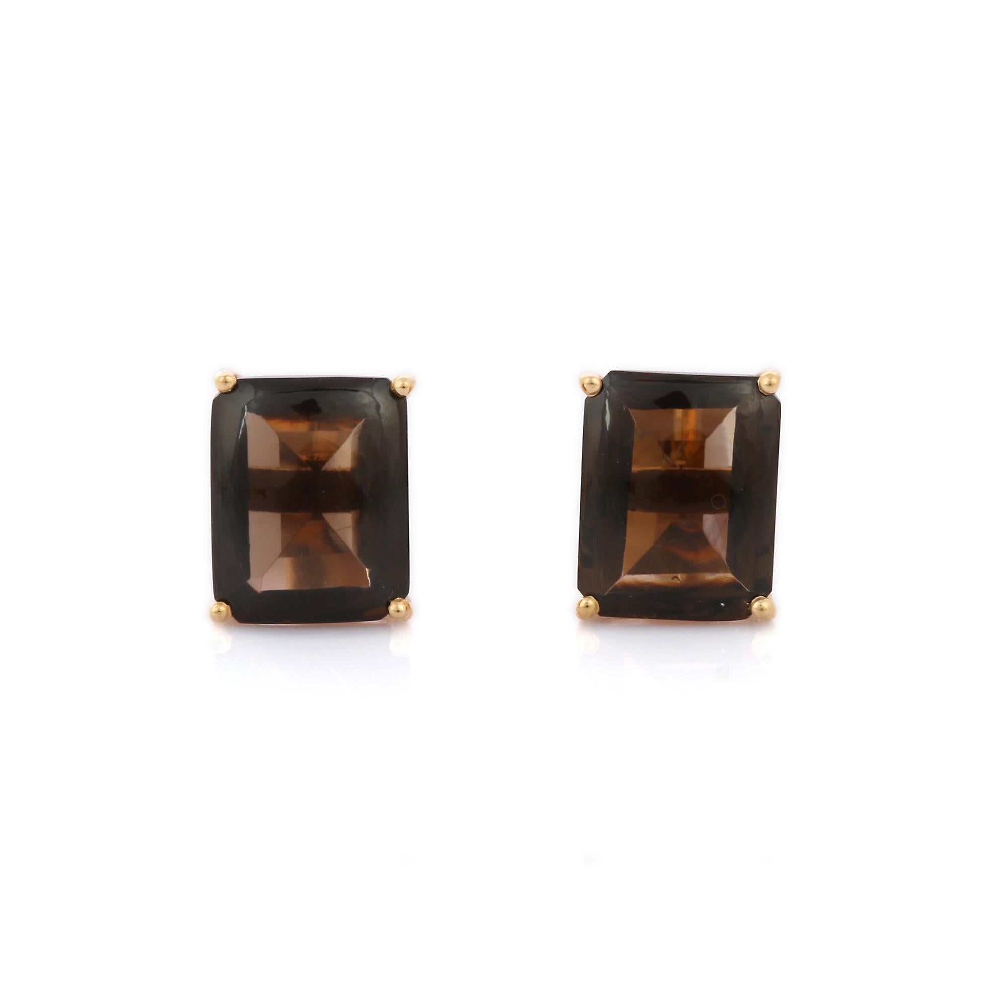 Clous d'oreilles fantaisie en or jaune massif 14 carats avec quartz brun foncé fumé taille octogonale Neuf - En vente à New York, NY