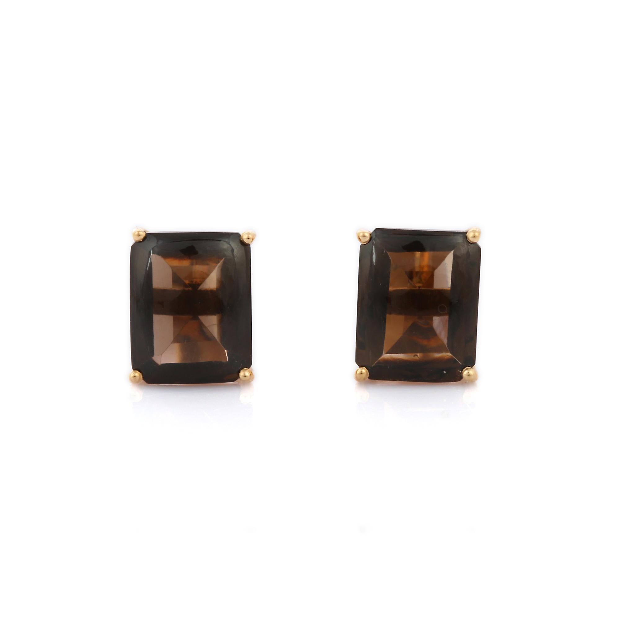 Women's Dark Brown Smoky Quartz Octagon Cut Statement Studs in 14K Solid Yellow Gold For Sale