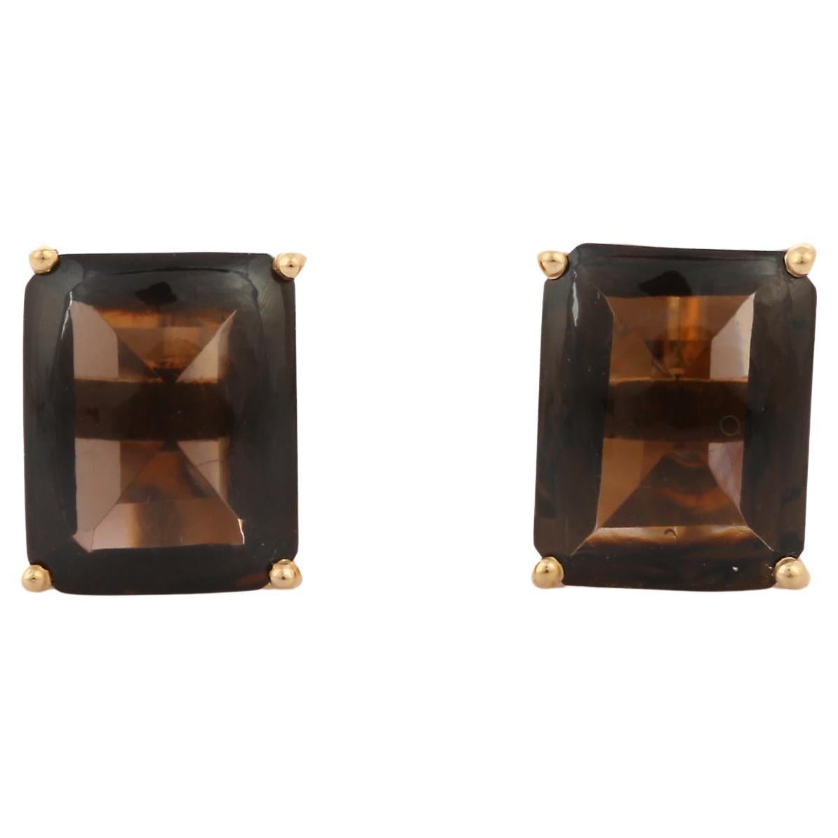 Dark Brown Smoky Quartz Octagon Cut Statement Studs in 14K Solid Yellow Gold For Sale