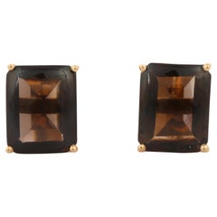 Dark Brown Smoky Quartz Octagon Cut Statement Studs in 14K Solid Yellow Gold