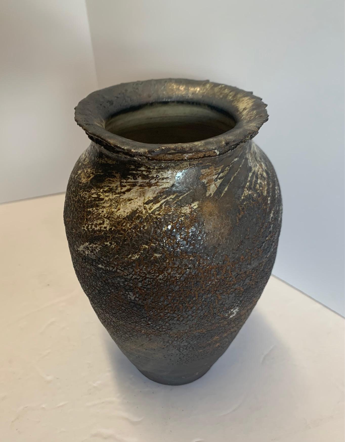American Dark Brown Stoneware Vase by Ceramic Artist Peter Speliopoulos, U.S.A.