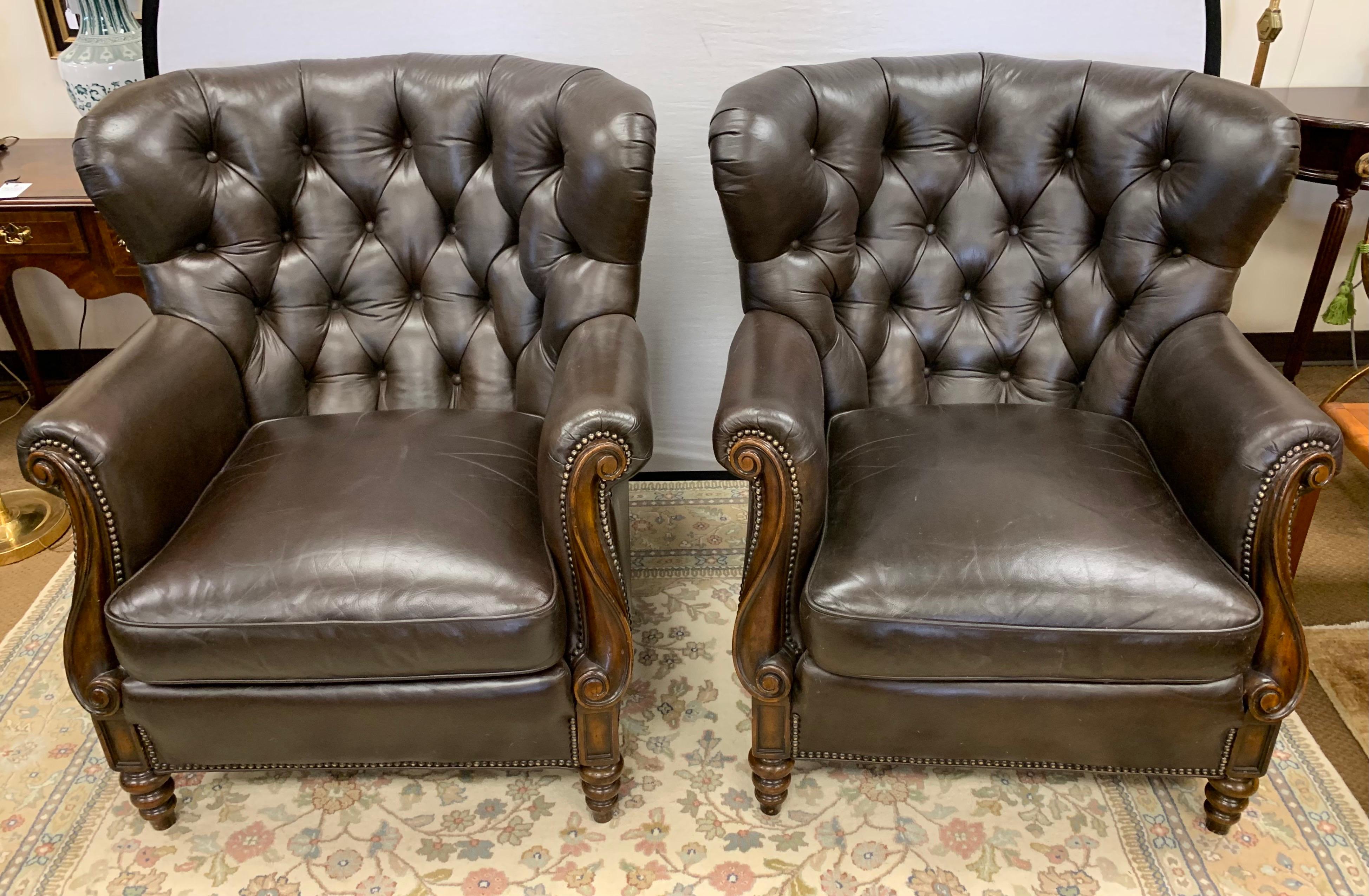 American Dark Brown Tufted Leather Club Cigar Chairs Chesterfield Wingbacks