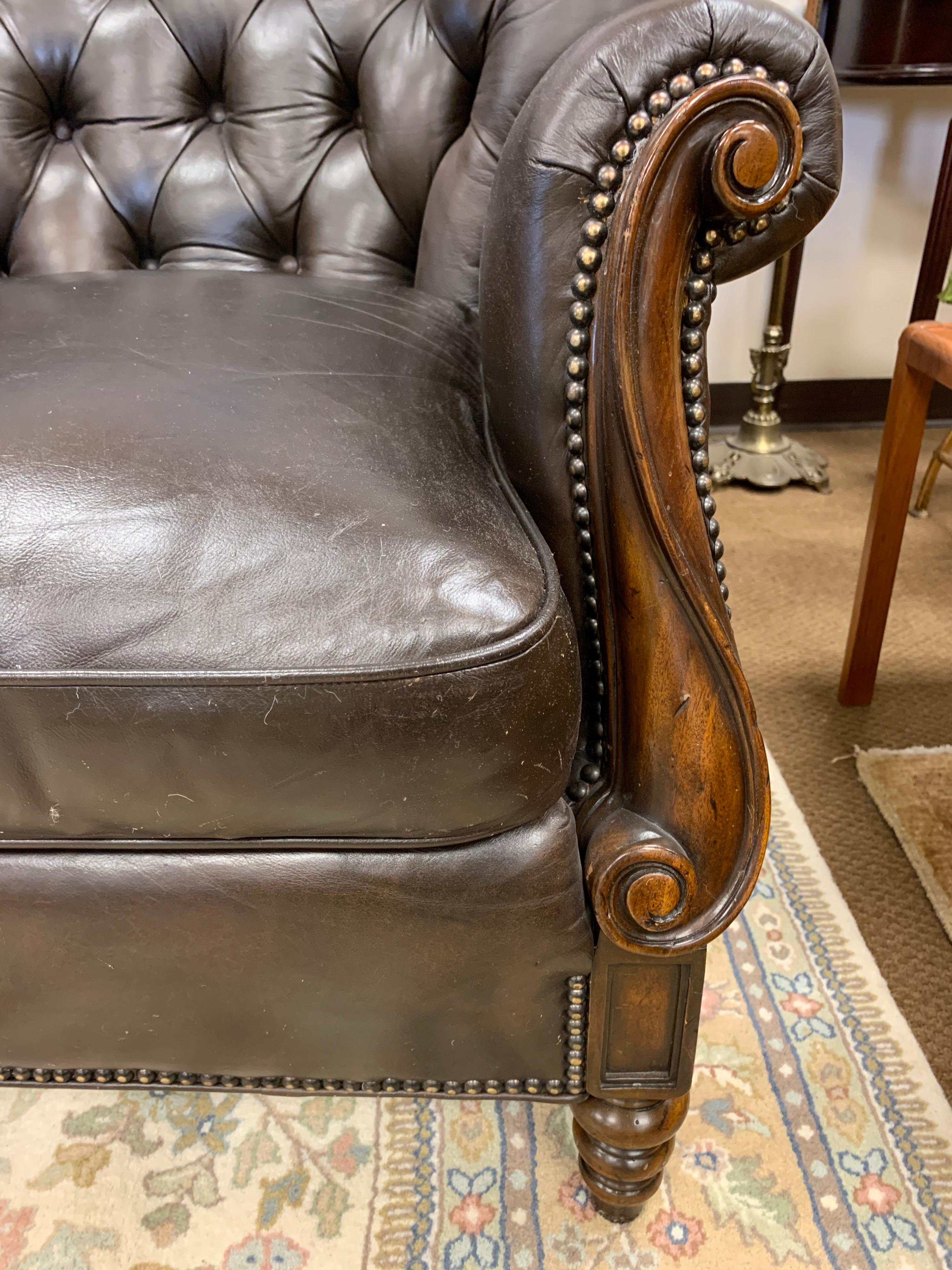 Dark Brown Tufted Leather Club Cigar Chairs Chesterfield Wingbacks In Good Condition In West Hartford, CT