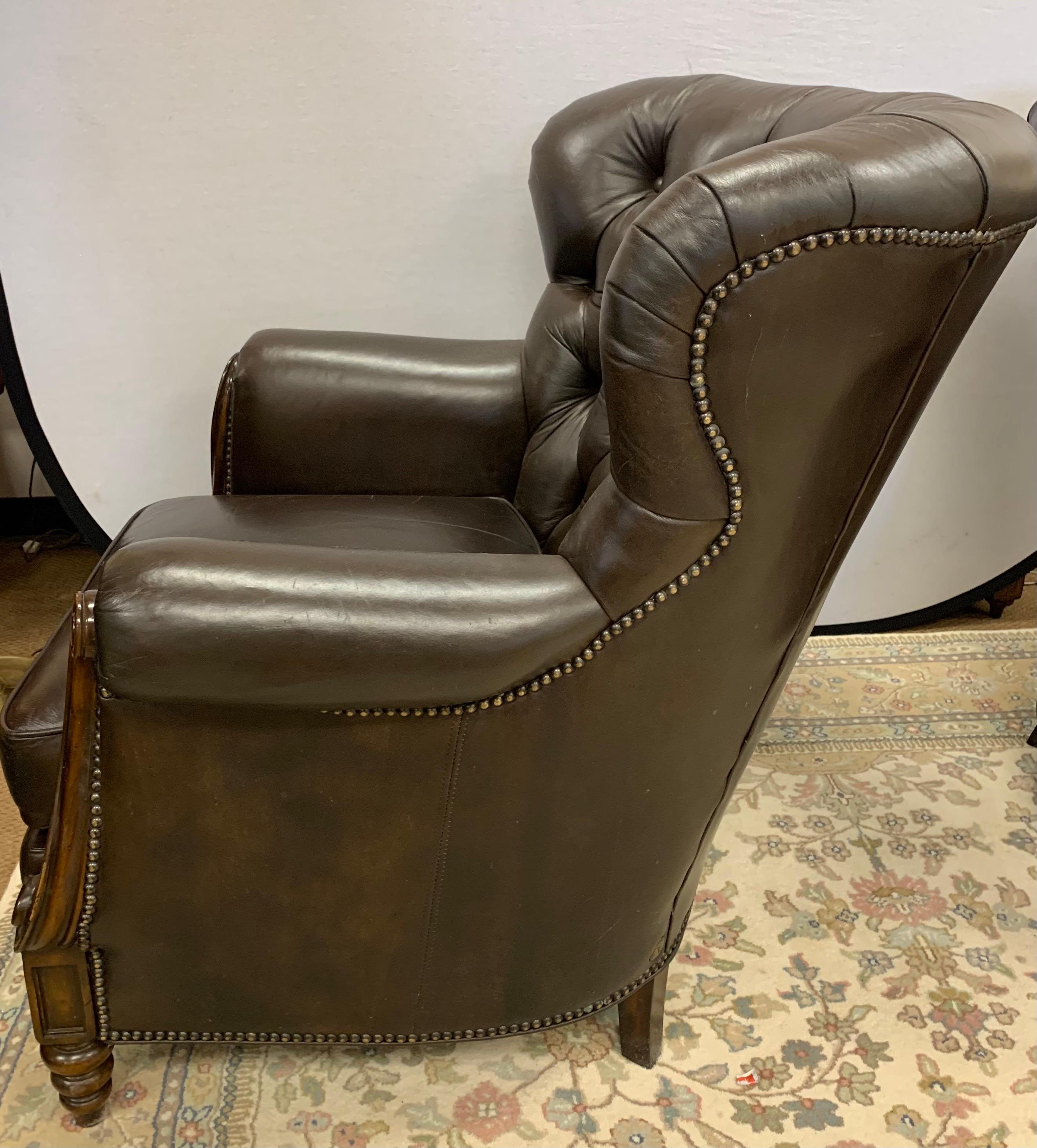Brass Dark Brown Tufted Leather Club Cigar Chairs Chesterfield Wingbacks