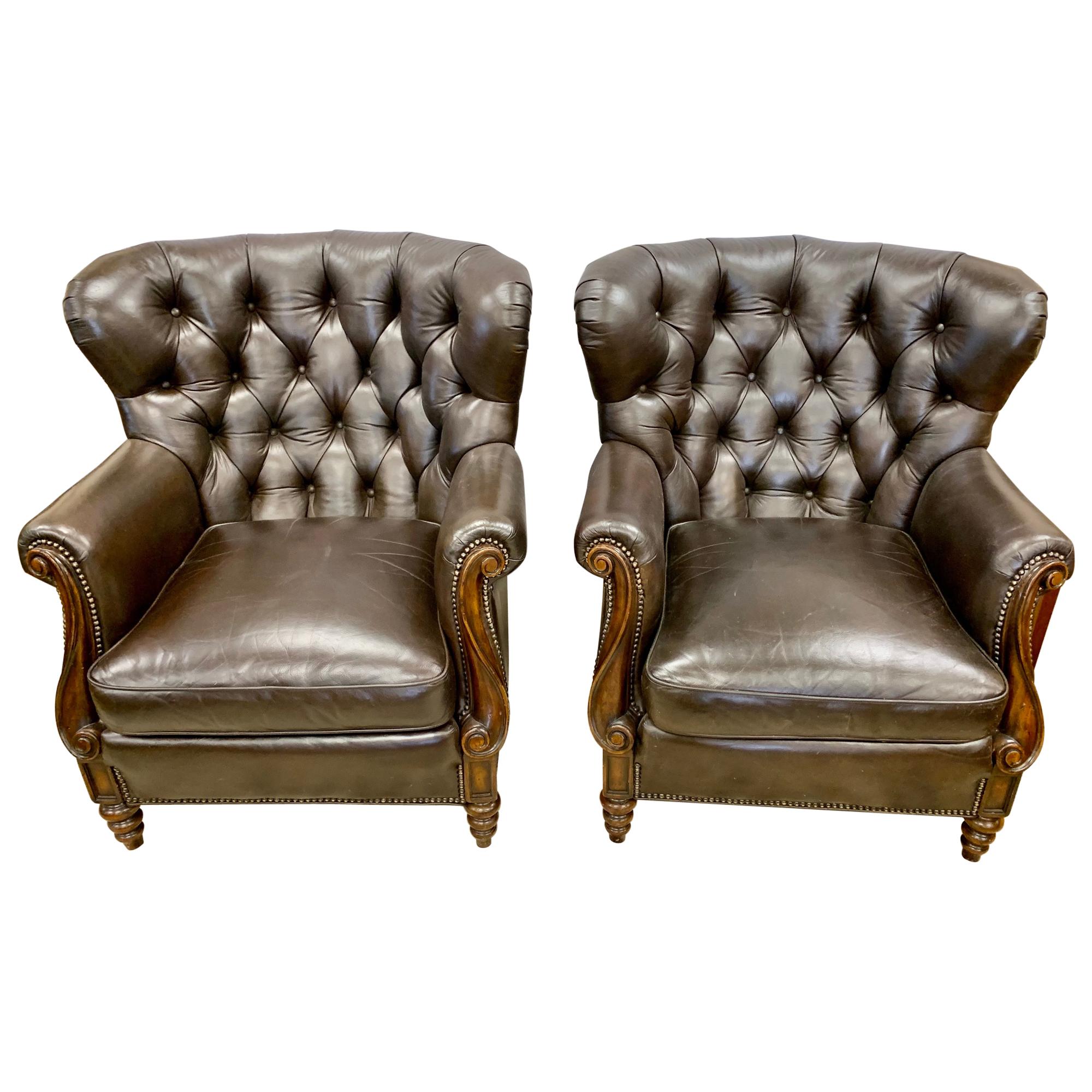 Dark Brown Tufted Leather Club Cigar Chairs Chesterfield Wingbacks
