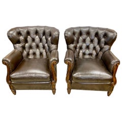 Retro Dark Brown Tufted Leather Club Cigar Chairs Chesterfield Wingbacks