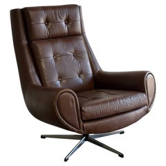 Dark Brown Tufted Leather Swivel Lounge Chair Danish Mid-Century Modern 1970s