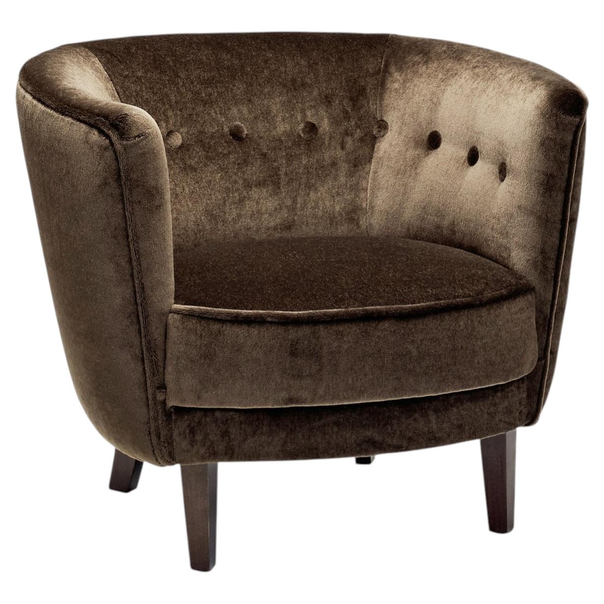 Dark Brown Upholstered Armchair with Stained Beech Legs, Denmark ca 1940s For Sale