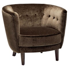 Dark Brown Upholstered Armchair with Stained Beech Legs, Denmark ca 1940s