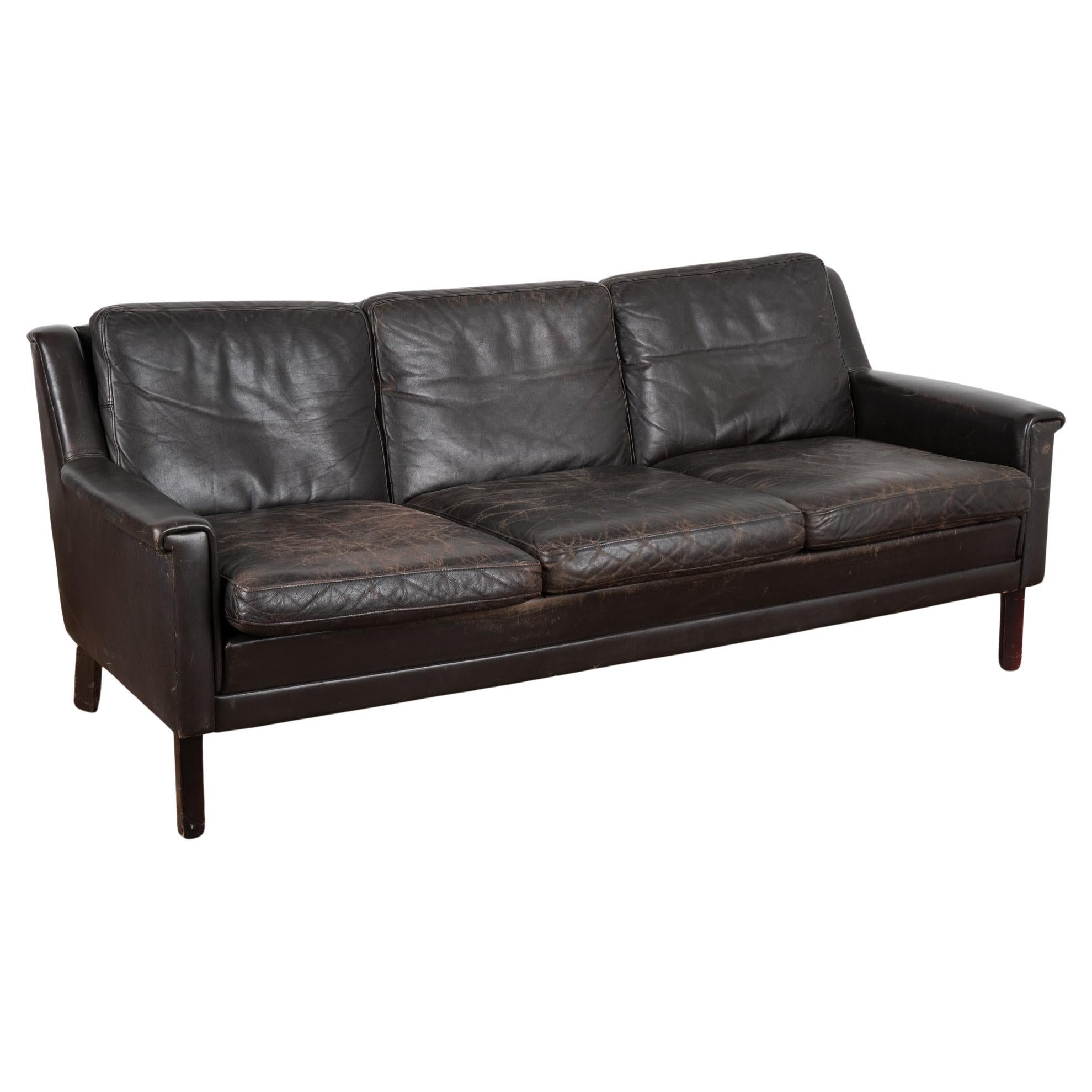 Dark Brown Vintage Leather Mid Century Three Seat Sofa, Denmark circa 1960 For Sale